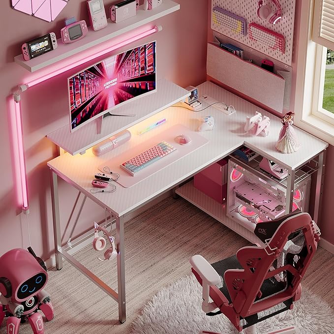Bestier Small Gaming Desk with Power Outlets,42 L Shaped LED Computer Desk with Reversible Shelves,Corner Gamer Desk with Hooks USB Charging Port,Carbon Fiber White - LeafyLoom