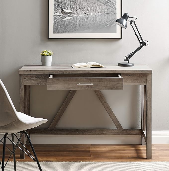 Walker Edison Rustic Farmhouse Wood Computer Writing Desk Home Office Workstation Small, 46 Inch, Grey - LeafyLoom