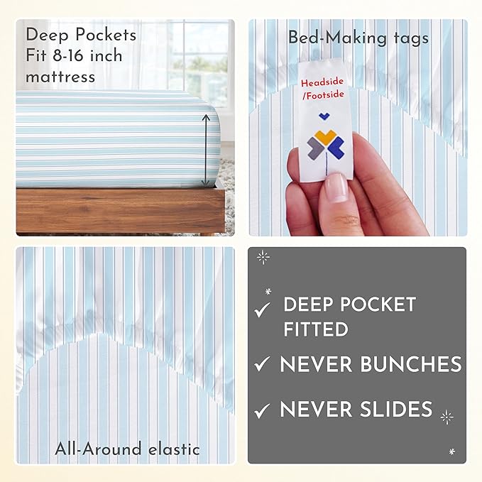 California Design Den Striped Bed Sheets California King Size, 4 Piece 100% Cotton Sheets Set Luxury 400 Thread Count Sateen, Deep Pocket California King Sheets Printed Pattern (Cape Stripe) - LeafyLoom