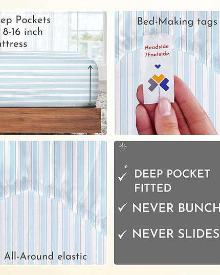 California Design Den Striped Bed Sheets King Size, 4 Piece 100% Cotton Sheets Set Luxury 400 Thread Count Sateen, Deep Pocket King Sheets Printed Pattern (Cape Stripe) - LeafyLoom