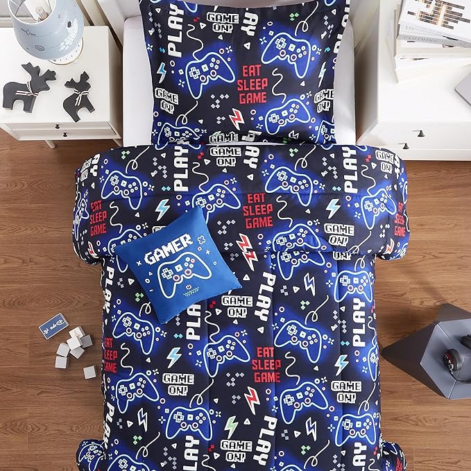 Kids Comforter Set Twin Size for Boys, Glow in The Dark Black Gamer Bedding Set Twin-1 Twin Comforter, 1 Decor Pillow, 1 Pillow Sham - LeafyLoom