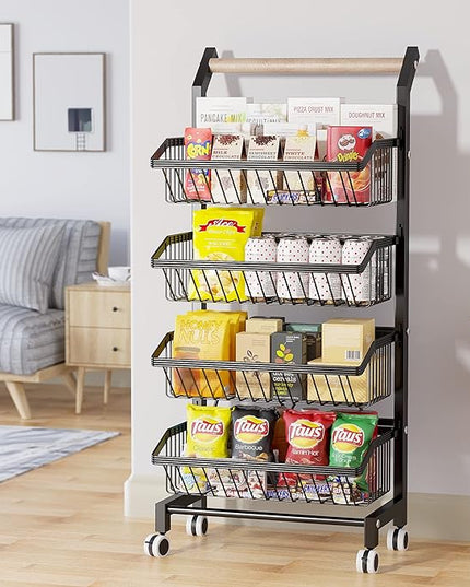 COVAODQ Snack Cart with Wheels 4-Tier Adjustable Fruit Rack Fruit Vegetable Basket Cart Metal Wire Storage Cart Rolling Pantry Utility Kitchen Cart - LeafyLoom