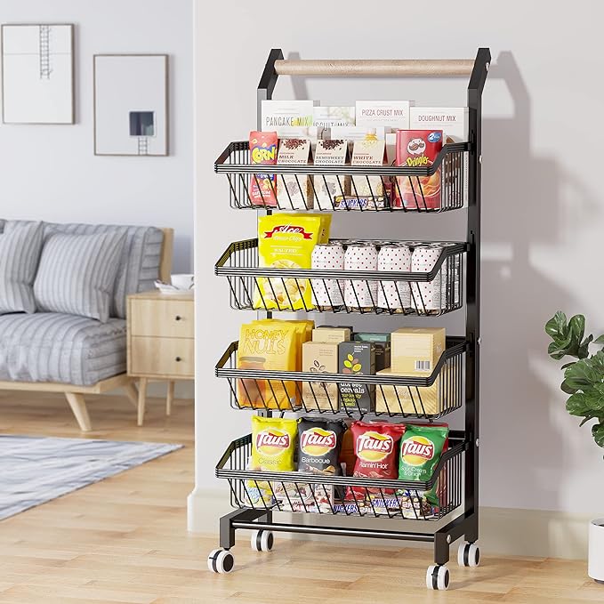 COVAODQ Snack Cart with Wheels 4-Tier Adjustable Fruit Rack Fruit Vegetable Basket Cart Metal Wire Storage Cart Rolling Pantry Utility Kitchen Cart - LeafyLoom