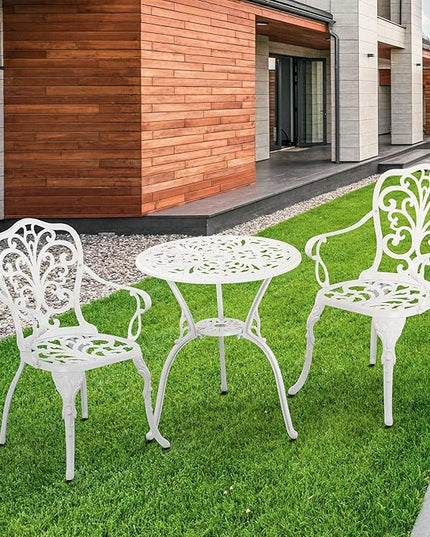 Patio Bistro Sets 3 Piece,Cast Aluminum Bistro Table and Chairs Set of 2 with 1.97" Umbrella Hole,All Weather Bistro Table Set Outdoor Patio Furniture for Garden,Yard(Butterfly White) - LeafyLoom