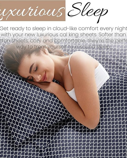 4 Piece California King Bedding Sheet Set (Navy Scallops) - Sleep Better Than Ever with These Ultra-Soft & Cooling Bed Sheets for Your Cal King Size Bed - Deep Pocket Fits 16" Mattress - LeafyLoom
