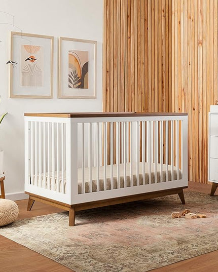 Babyletto Scoot 3-in-1 Convertible Crib with Toddler Bed Conversion Kit in White and Natural Walnut, Greenguard Gold Certified - LeafyLoom