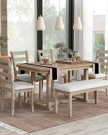 Room Table 6-Piece Set-Stunning Grain Tabletop, Solid Veneer, Comfortable Cushioned Chairs and Bench-Ideal for Kitchen and Family Dining, Onesize, Natural Wood Wash - LeafyLoom