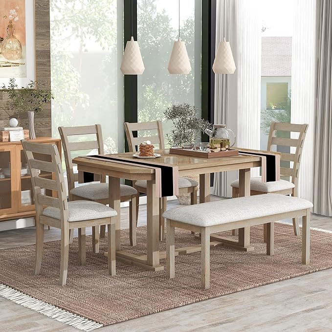 Room Table 6-Piece Set-Stunning Grain Tabletop, Solid Veneer, Comfortable Cushioned Chairs and Bench-Ideal for Kitchen and Family Dining, Onesize, Natural Wood Wash - LeafyLoom