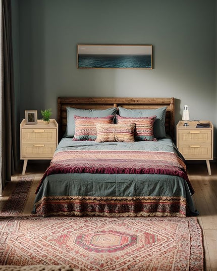 Finnhomy Nightstand with Charging Station, Bedside Table with 2 Hand Made Rattan Decorated Drawers, Night Stand with Storage for Bedroom, Natural - LeafyLoom