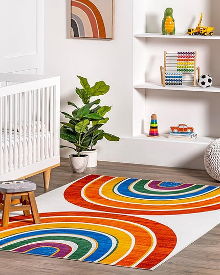 nuLOOM Classic Double Rainbow Machine Washable Kids Ultra Thin Area Rug, 4' x 6', White Multi - LeafyLoom