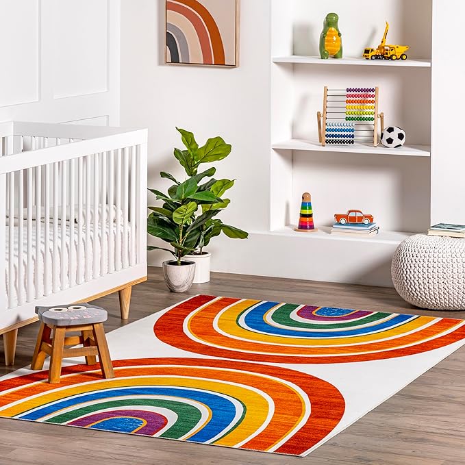 nuLOOM Classic Double Rainbow Machine Washable Kids Ultra Thin Area Rug, 4' x 6', White Multi - LeafyLoom