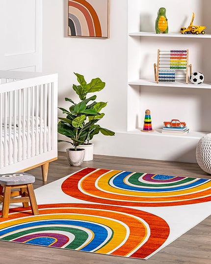 nuLOOM Classic Double Rainbow Machine Washable Kids Ultra Thin Area Rug, 3' x 5', White Multi - LeafyLoom