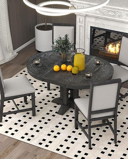 5-Piece Farmhouse Extendable Dining Table Set for 4, Including Round Wooden Tabletop, 4 Upholstered Chairs, Ideal for Kitchen, Living Room, Black, Onesize - LeafyLoom