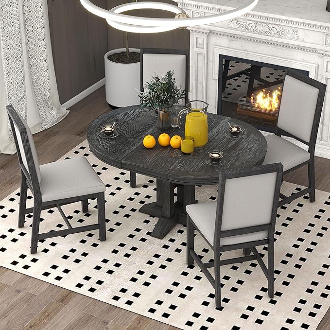 5-Piece Farmhouse Extendable Dining Table Set for 4, Including Round Wooden Tabletop, 4 Upholstered Chairs, Ideal for Kitchen, Living Room, Black, Onesize - LeafyLoom