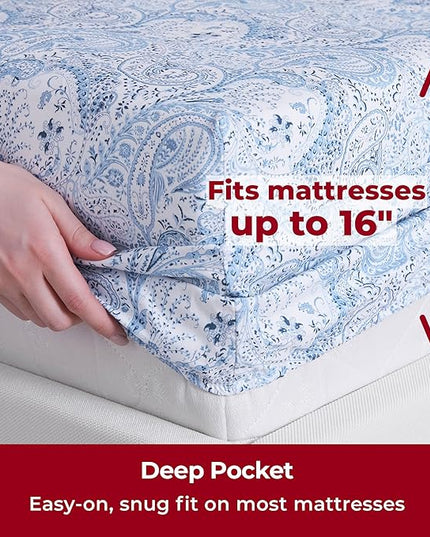 Mellanni Twin Sheets Set - 3 PC Iconic Collection Bedding Sheets & Pillowcases - Hotel Luxury, Extra Soft, Cooling Bed Sheets - Deep Pocket up to 16 inch (Twin, Paisley Blue) - LeafyLoom