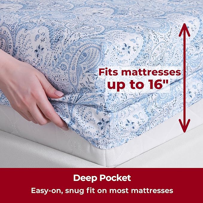 Mellanni Queen Sheets Set - 4 PC Iconic Collection Bedding Sheets & Pillowcases - Hotel Luxury, Extra Soft, Cooling Bed Sheets - Deep Pocket up to 16 inch (Queen, Paisley Blue) - LeafyLoom
