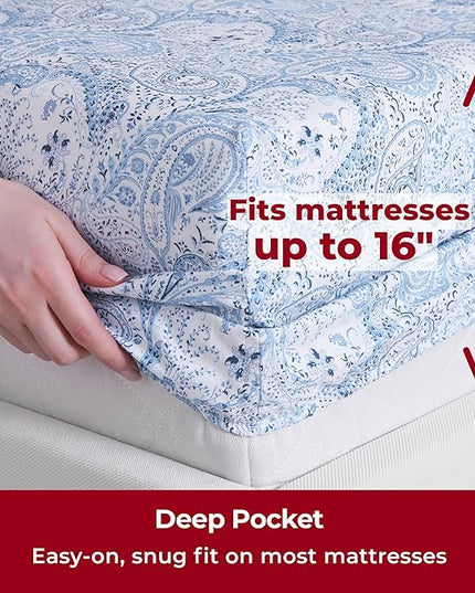 Mellanni Full Sheets Set - 4 PC Iconic Collection Bedding Sheets & Pillowcases - Hotel Luxury, Extra Soft, Cooling Bed Sheets - Deep Pocket up to 16 inch (Full, Paisley Blue) - LeafyLoom