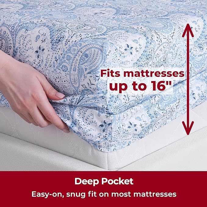 Mellanni Full Sheets Set - 4 PC Iconic Collection Bedding Sheets & Pillowcases - Hotel Luxury, Extra Soft, Cooling Bed Sheets - Deep Pocket up to 16 inch (Full, Paisley Blue) - LeafyLoom