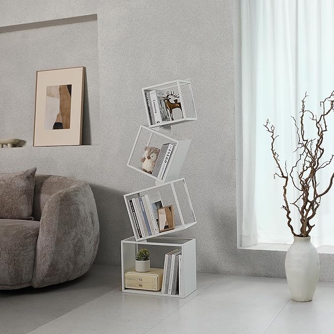 Bookshelf, 4-Tier Bookcase White, White Bookshelf, 4 Tier Bookshelf, 49''Tall Industrial Bookshelf, Modern Book Storage, Storage Shelves for CDs/Books/Home Decor, Display Shelf - LeafyLoom