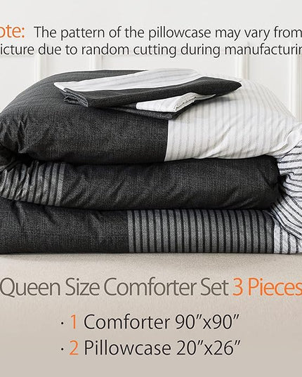 Andency Queen Comforter Set Black,3 Pieces Black White Gray Patchwork Striped Comforter (90x90 Inch), Soft Microfiber Down Alternative Queen Comforter Bedding Sets with Corner Loops - LeafyLoom