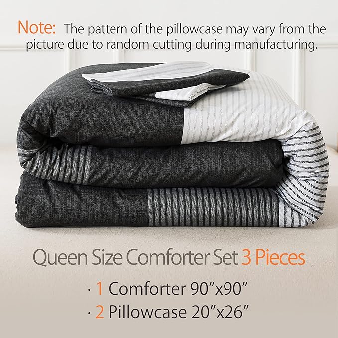 Andency Queen Comforter Set Black,3 Pieces Black White Gray Patchwork Striped Comforter (90x90 Inch), Soft Microfiber Down Alternative Queen Comforter Bedding Sets with Corner Loops - LeafyLoom