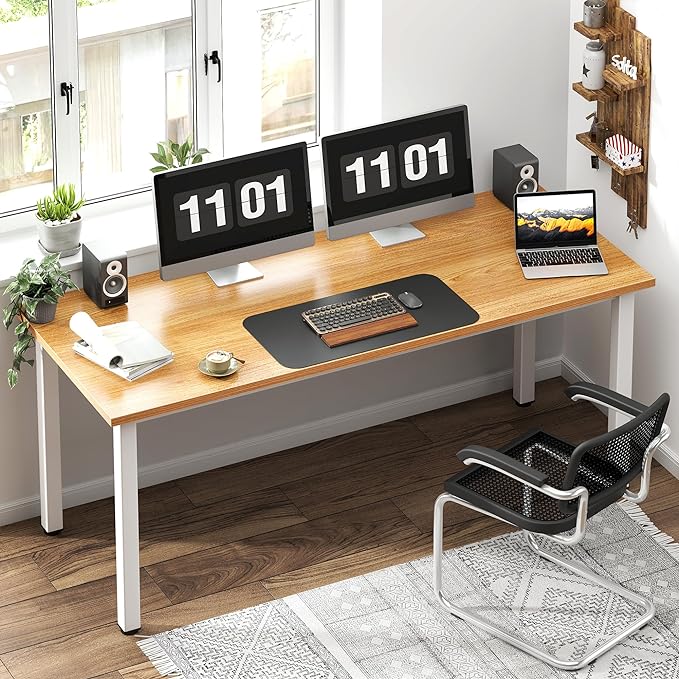Need 63 Inch Large Computer Desk - Modern Simple Style Home Office Gaming Desk, Basic Writing Table for Study Student, White Metal Frame, Teak - LeafyLoom