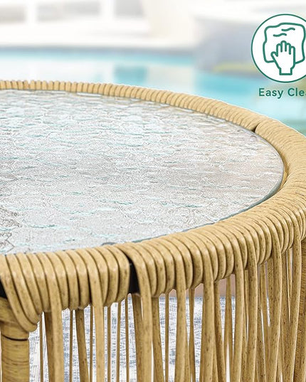 YITAHOME 3-Piece Outdoor Patio Furniture Wicker Bistro Set, All-Weather Rattan Conversation Chairs for Backyard, Balcony and Deck with Soft Cushions, Glass Side Table (Light Brown+Navy Blue) - LeafyLoom