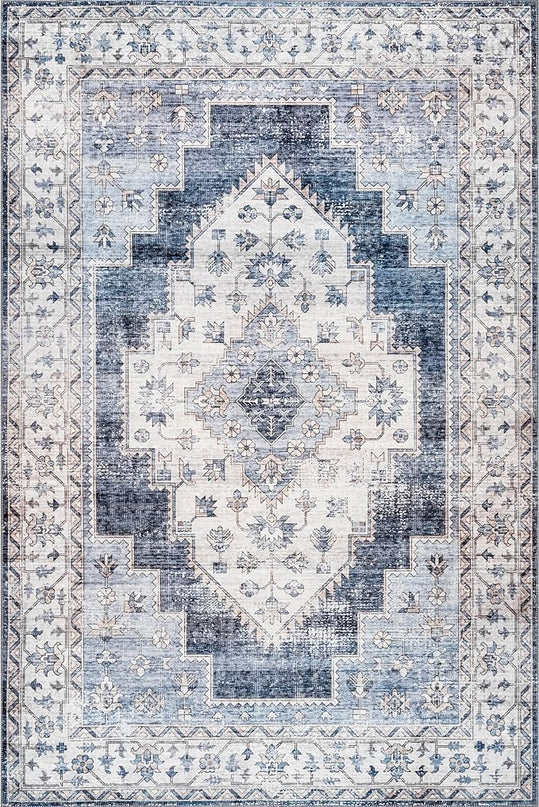 nuLOOM Dania Machine Washable Medallion Ultra Thin Area Rug, 8' x 10', Navy - LeafyLoom