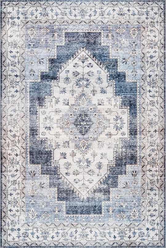 nuLOOM Dania Machine Washable Medallion Ultra Thin Area Rug, 4' x 6', Navy - LeafyLoom