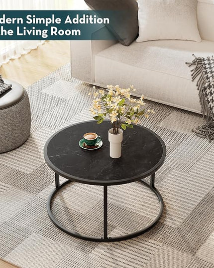 SAYGOER Small Coffee Table Black Round Marble Center Tables Open Space Underneath for Living Room Home Office 27.6 * 27.6 * 17.7, Black Faux Marble - LeafyLoom