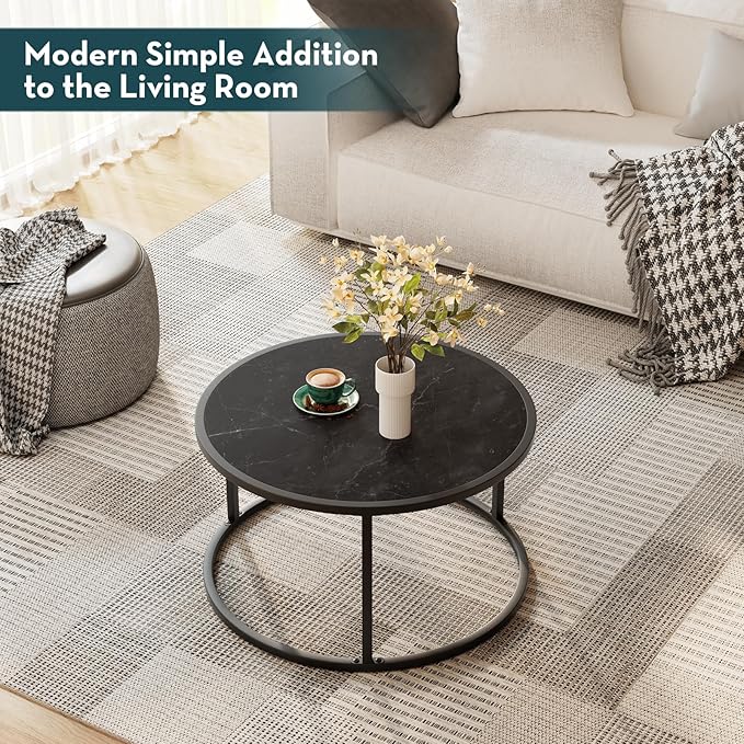 SAYGOER Small Coffee Table Black Round Marble Center Tables Open Space Underneath for Living Room Home Office 27.6 * 27.6 * 17.7, Black Faux Marble - LeafyLoom