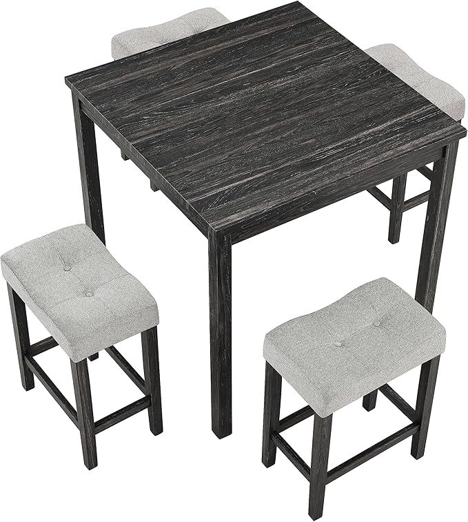 RITSU 5 Piece Square, Bar Chairs Set, Bistro Industrial Breakfast Table + 4 Upholstered Stools, for Living, Small Apartment, Dining, Game Room, Black+Gray - LeafyLoom