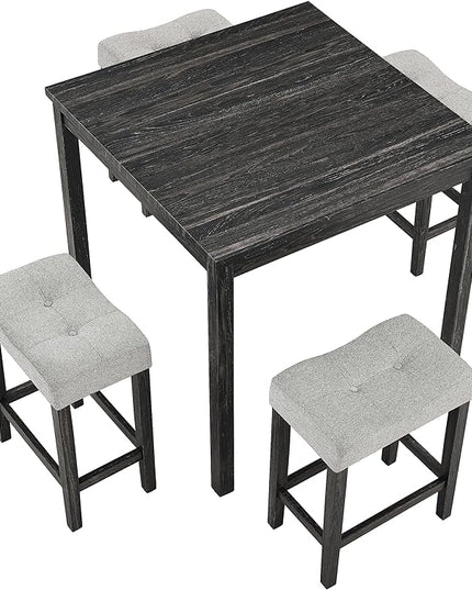 5 Piece Square, Bar Chairs Set, Bistro Industrial Breakfast Table + 4 Upholstered Stools, for Living, Small Apartment, Dining, Game Room, Black+Gray - LeafyLoom