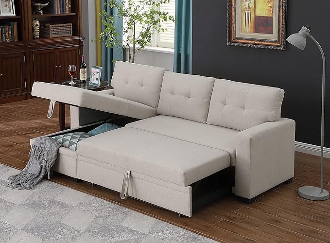 RITSU L-Shaped Sofa with Storage Space Pull Out Sleeper Bed, Linen Corner Couch Tufted Cushion, Removable Back, Suitable for Living Room, Bedroom, Apartment, Dormitory, Beige, 82 inch - LeafyLoom