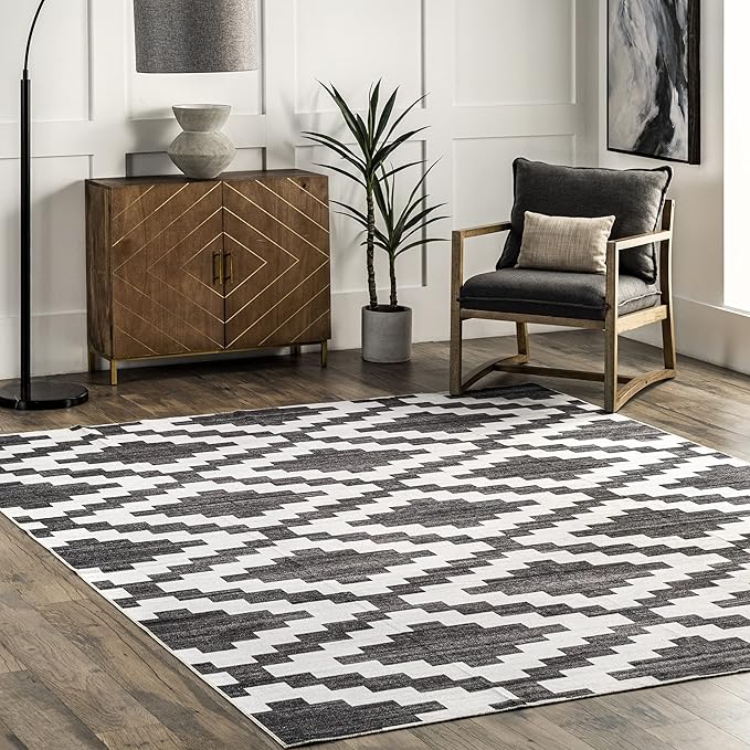 nuLOOM Tamera Modern Diamonds Machine Washable Ultra Thin Area Rug, 8' x 10', Grey - LeafyLoom
