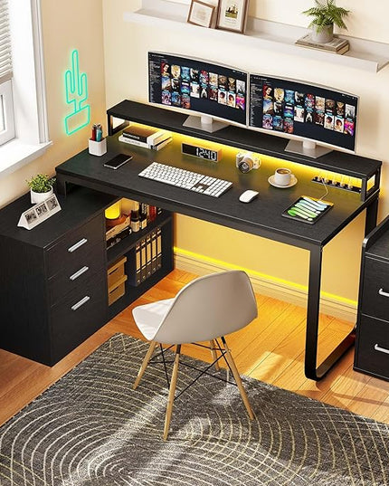 YITAHOME L Shaped Desk with Power Outlets & LED Lights & File Cabinet, 55" Corner Computer Desk with 3 Drawers and 2 Storage Shelves, Home Office Desk with Monitor Stand, Black - LeafyLoom