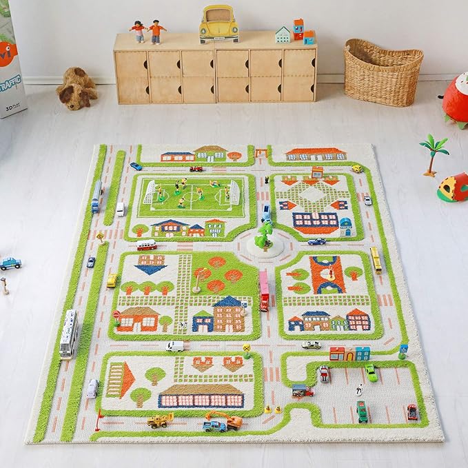 IVI 3D Play Carpet 71 x 52.5-inch Educational Green Traffic Soft Floor Rug Mat for Bedroom, Kids Den, or Playroom, Large - LeafyLoom