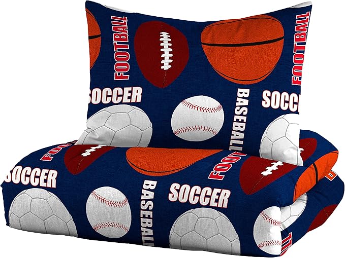 dream FACTORY Kids 7-Piece Complete Set Easy-Wash Super Soft Microfiber Comforter Bedding, Full, Navy All Sports - LeafyLoom