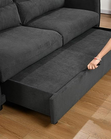 Queen Size Loveseat Sleeper Sofa,3 in 1 Soft Corduroy Upholstered Oversized Convertible Love Seat Sofabed cum Daybed W/Pull Out Sleep Couch Bed and Reclining Backrest for Living Space, 75“, Black - LeafyLoom