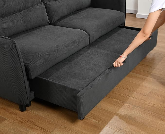 Queen Size Loveseat Sleeper Sofa,3 in 1 Soft Corduroy Upholstered Oversized Convertible Love Seat Sofabed cum Daybed W/Pull Out Sleep Couch Bed and Reclining Backrest for Living Space, 75“, Black - LeafyLoom