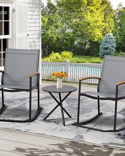 Shintenchi 3 Piece Outdoor Rocking Bistro Set, Textilene Fabric Small Patio Furniture Set, Front Porch Rocker Chairs Conversation Set with Table for Lawn, Garden, Balcony, Poolside (Light Gray) - LeafyLoom