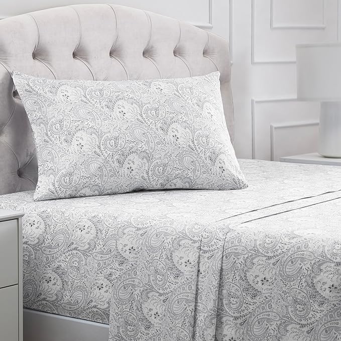 Mellanni Twin XL Sheets Set - 3 PC Iconic Collection Bedding Sheets & Pillowcases - Hotel Luxury, Extra Soft, Cooling Bed Sheets - Deep Pocket up to 16 inch (Twin Extra Long, Paisley Gray) - LeafyLoom