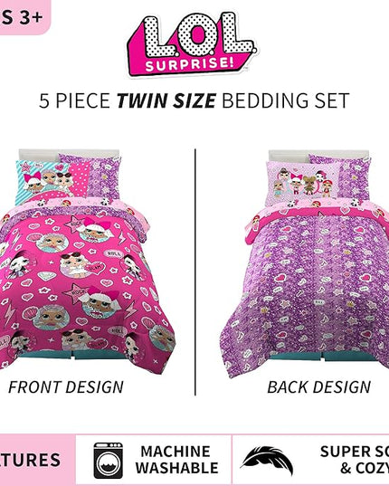 Franco Kids Bedding Super Soft Comforter and Sheet Set with Sham, 5 Piece Twin Size, LOL Surprise - LeafyLoom