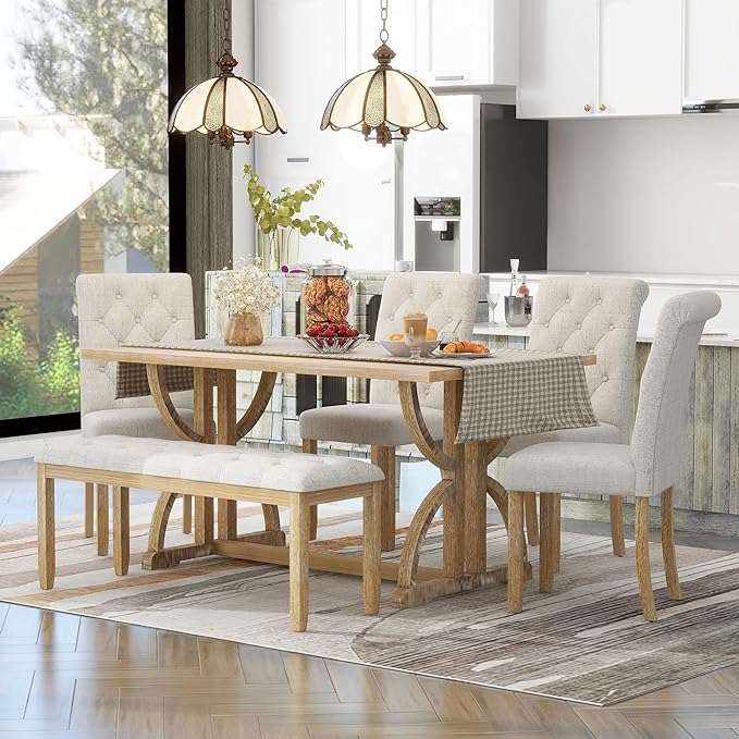 6-Piece Retro Dining Table Set with Unique Legs and 4 Upholstered Button-Tufting Back Chairs & 1 Bench for Kitchen Furniture, Natural Wood Wash, 59.8" L x 35.8" W x 30" H - LeafyLoom