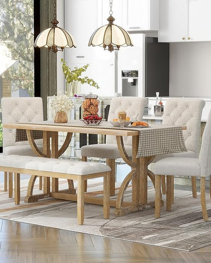 6-Piece Retro Style Rectangular Dining Table Set with Unique Legs and 4 Upholstered Chairs & 1 Bench for Kitchen, Breakfast Nook, Living Room, Natural Wood Wash, 59.8" L x 35.8" W x 30" H - LeafyLoom