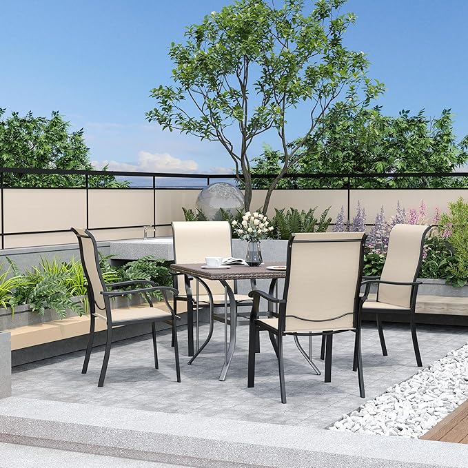 Pamapic 5 Pieces Patio Dining Set, Outdoor Table and Chairs for Garden Backyard Poolside Deck,Outdoor Furniture Set with Square Plastic-Wood Table Top,4 Textilene Chairs,Beige - LeafyLoom