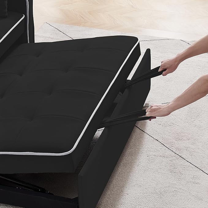 3-in-1 Velvet Upholstered Sofabed Tufted Futon Loveseat Sofa Convertible Sleeper Couch Bed with Cupholders and USB Charging Ports,Modern 2-Seaters Love Seat Daybed for Living Room, 55.2", Black1 - LeafyLoom
