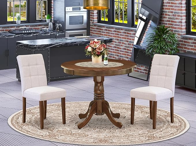 East West Furniture ANAS3-AWA-08 3 Piece Kitchen Set Contain A Modern Table and 2 Mist Beige Linen Fabric Upholstered Dining Chairs, Antique Walnut, 36x36 Inch - LeafyLoom