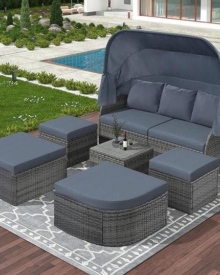 Rectangle Furniture Daybed Sunbed with Retractable Canopy, Outdoor Wicker Conversation Set with Cushions for Patio, Backyard, Porch, Garden, Onesize, Hb-Gray - LeafyLoom