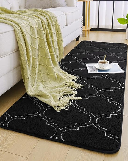 Chicrug Shag Geometric Modern Runner Rug for Bedroom, 2x6 Feet Memory Foam Indoor Hallway Runner Carpet, Fluffy Rug for Living Room Bedside Room Decor for Family, Black/White - LeafyLoom